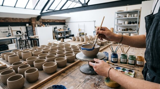 A person glazing ceramic objects on a pottery wheel in a workshop