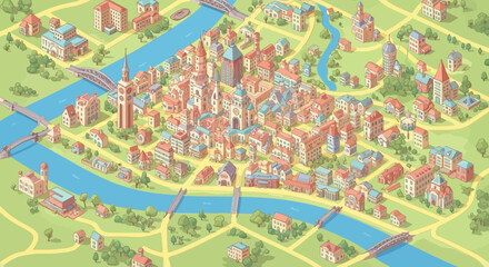 Fototapeta premium Charming illustration of a bustling European city with cobblestone streets and a winding river, perfect for travel and lifestyle themes