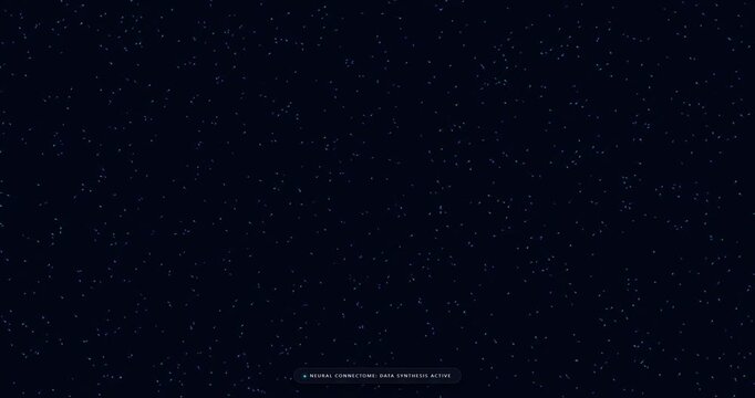 Abstract digital animation of a neural connectome with glowing blue particles forming network connections, data synthesis technology background.