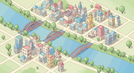 Fototapeta premium Charming isometric cartoon city with a serene river, two arched bridges, and colorful pastel buildings amidst green parks, illustrating a quaint urban scene