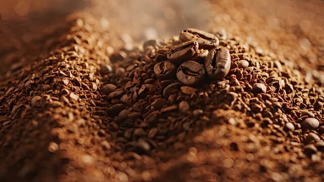 Closeup view of freshly ground coffee beans and whole beans.