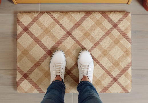 Stylish Plaid Doormat Mockup With Sneakers PSD