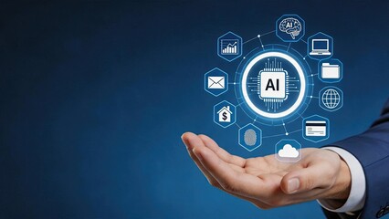 Fototapeta premium Businessman hand holding artificial intelligence AI chip with hologram icons, future tech innovation and automation concept for data processing and smart solutions.