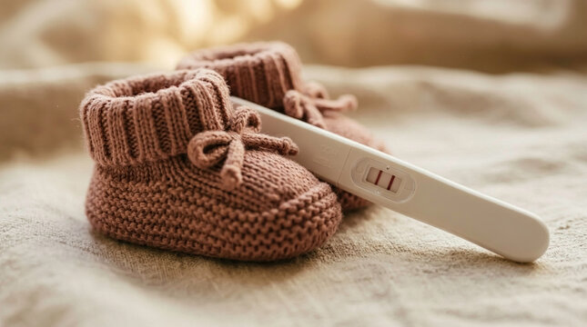 Macro shot of a positive fertility test showing two red lines next to newborn pink knitted shoes on textured fabric. Perfect for family planning and healthcare clinic marketing concepts.
