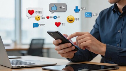 Fototapeta premium Man using smartphone with floating social media icons, likes, comments, shares, hearts, thumbs up, engagement metrics, digital marketing, online interaction, mobile app usage,