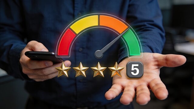 Customer satisfaction rating concept with glowing gauge meter pointing to green zone and five gold stars displayed over human hand holding mobile phone for feedback.