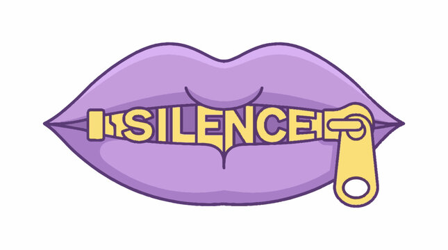 Vector illustration of purple lips with a yellow zipper mouth and the word silence written in the teeth area on a white background