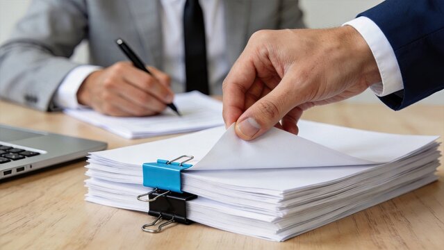 Close up of business people signing legal contract documents with pen on office desk, corporate agreement paperwork stack with binder clips, professional deal negotiation and