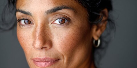 Fototapeta premium Close-up portrait of a mature woman with freckles and expressive brown eyes
