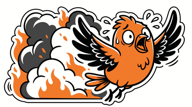 Panic-stricken cartoon bird flying from intense flames and dark smoke