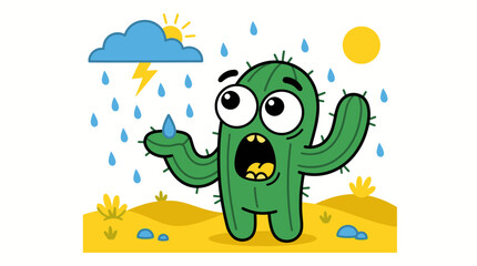 Obraz premium Whimsical Cactus Character Caught Off Guard by Sudden Storm in Sunny Desert