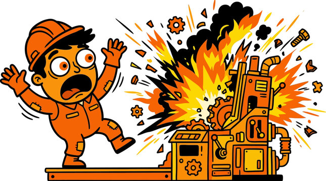Worker startled by an industrial machine explosion with fire and debris