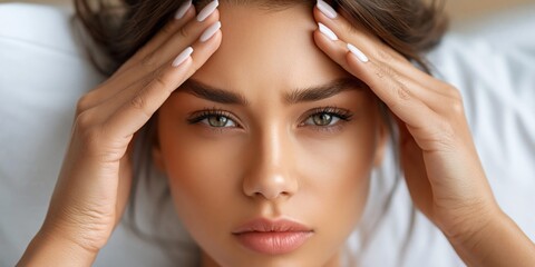 Fototapeta premium Young woman experiencing a headache, holding her forehead with her hands