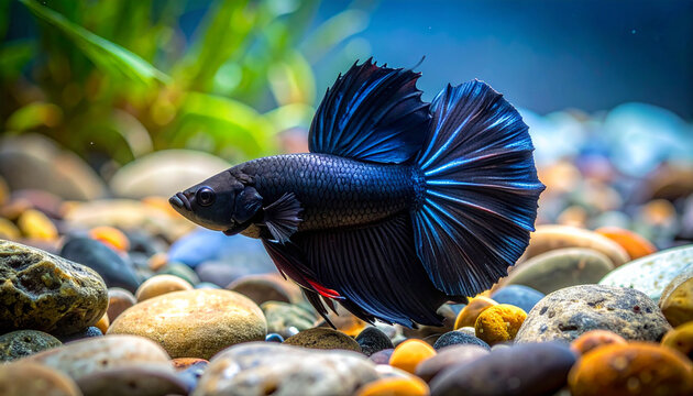 Elegant black betta fish in aquarium underwater close up
