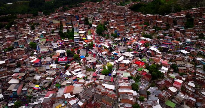 Densely built and populous infamous Comuna 13 (San Javier) in Medellin. Aerial