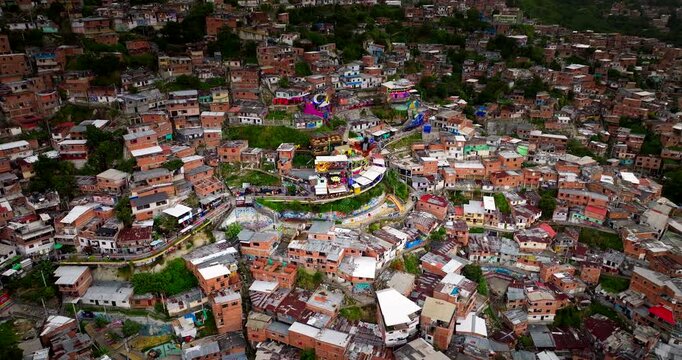 Colorful yet infamous Comuna 13 populous neighborhood in Medellin. Aerial