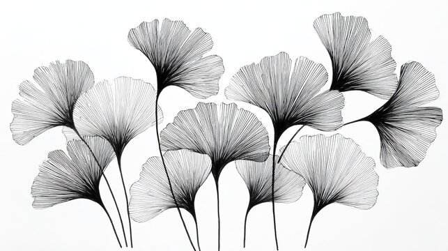 Line art illustration of nine ginkgo leaves with slender varied stems on plain white background, fine vertical line details and overlapping layout, decorative natural botanical design for print and or