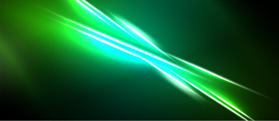 Bright green energy streaks cross dark background. Abstract light design creates dynamic visual impact. Vivid colors dominate composition. © antishock
