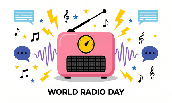 Vintage radio illustration with musical notes and sound waves for world radio day