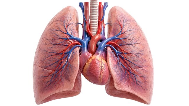 Human lungs with detailed vascular highlight and cardiovascular structures, featuring anatomically accurate pulmonary arteries, veins, heart, and trachea. Isolated on clean white background.