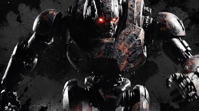 Massive menacing robot with glowing red eyes stands ready for battle.