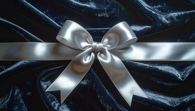 Elegant silver bow and ribbon on dark velvet background decoration