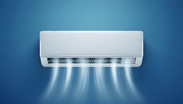 Ultra Realistic Modern Wall Mounted Air Conditioner Cooling System With Clean Blue Background And Dynamic Airflow Side View