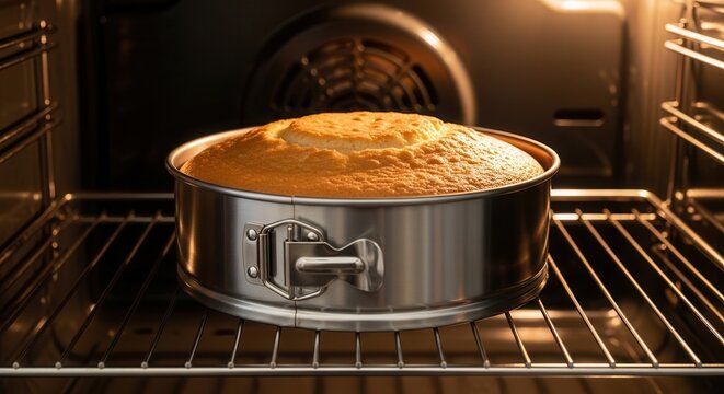 A golden brown cake baking in a round metal springform pan inside a warm oven.