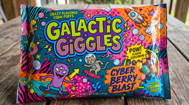 Vibrant colorful candy packaging on wooden table with cyber berry blast