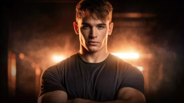 Young athletic man with arms crossed in a dimly lit gym with dramatic lighting
