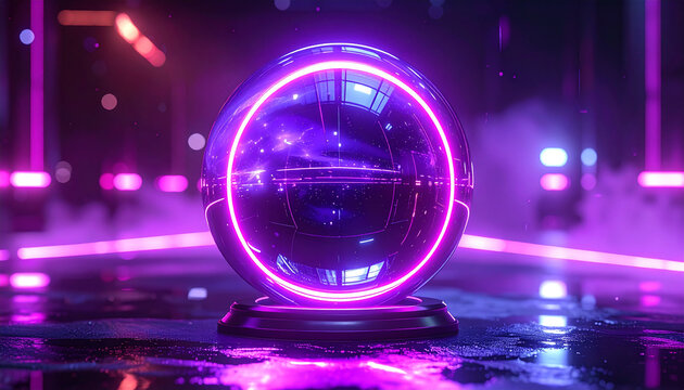 Glowing sphere with neon ring and reflections against a futuristic background