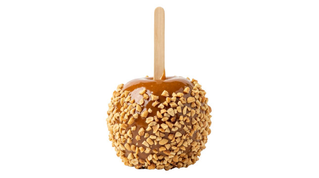Caramel apple covered with chopped nuts on a wooden stick PNG file on a transparent background