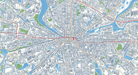 Fototapeta premium Detailed aerial view of a city's urban landscape showcasing its intricate network of streets, buildings, and waterways from above