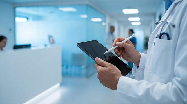 Professional Doctor Using Digital Tablet in Modern Hospital Reception Area with Healthcare Technology Concept