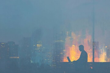 Fototapeta premium Double exposure of man using laptop computer and megacity lights at sunset. Concept of big data, financial market and business.