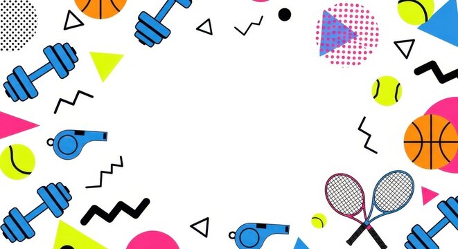 Fun sports themed border featuring dumbbells tennis rackets and colorful geometric motifs.