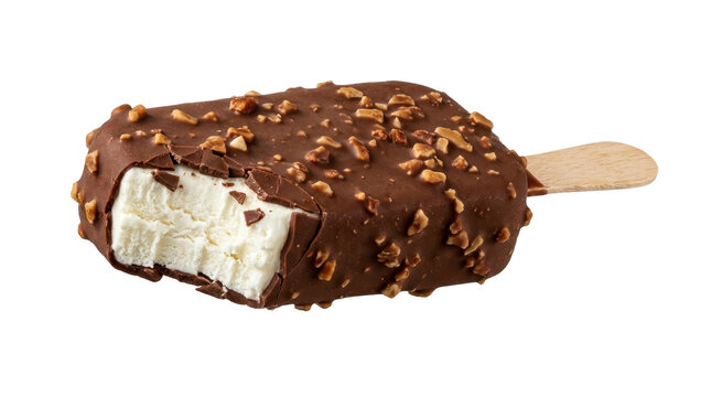 Vanilla ice cream bar with chocolate coating and almond nuts on a transparent background PNG file