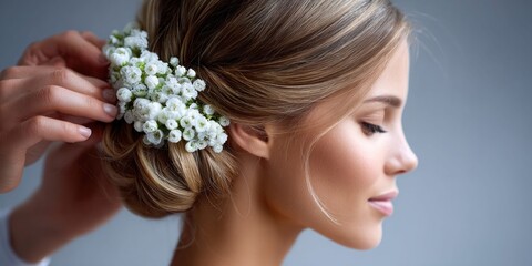 Naklejka premium Bride's elegant updo hairstyle adorned with delicate white baby's breath flowers
