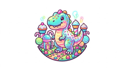 Cute cartoon dinosaur surrounded by sweets and candy. © MndlL
