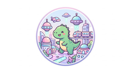 Cute cartoon dinosaur walking in a futuristic city with UFOs. © MndlL