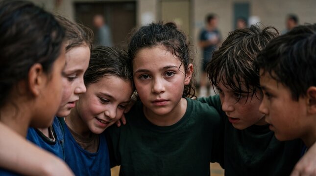 A serious, sweat-dampened girl looks forward intently while huddled closely with her teammates. The image evokes a heavy feeling of deep focus, vulnerability, and intense team unity.