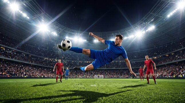 A soccer player mid-air executes an epic bicycle kick in a massive stadium illuminated by bright floodlights. It conveys a thrilling feeling of high-octane action and cinematic drama.