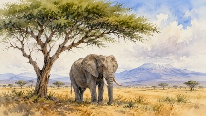 Obraz premium Elephant standing beneath acacia tree in savanna plains