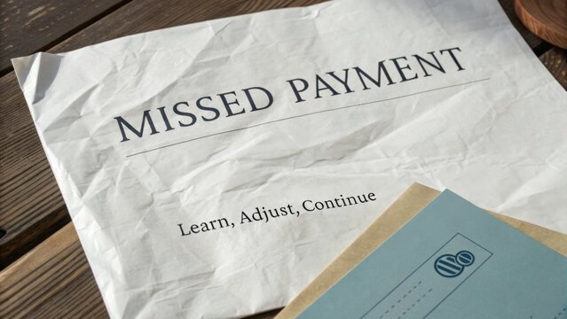 Crumpled Missed Payment Notice on Wooden Table with Learn Adjust Continue Call to Action in Elegant Typeface
