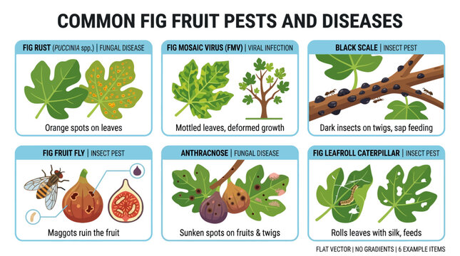 Fig fruit pests and diseases educational infographic showing common garden insects and various plant fungus infections