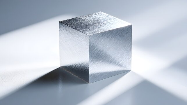 Close Up 16:9 Wide Shot of Single Brandless Matte Silver Metal Beam Splitter Prism Cube with Light Reflection on Clean Background for Quantum Tech Presentation