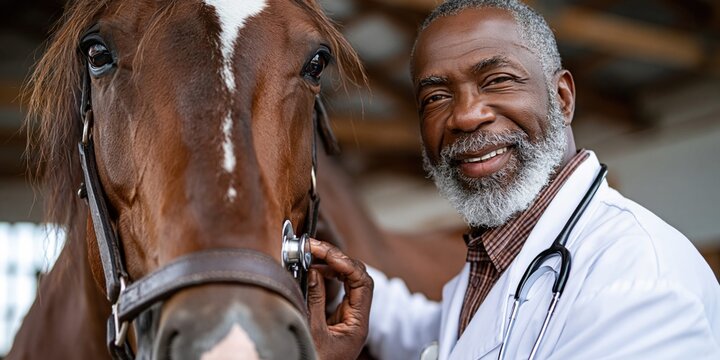 Veterinarian checks on healthy equine companion