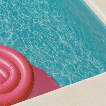Blue rippled pool water surface with pink inflatable float viewed from above for luxury resort marketing, tropical lifestyle branding and summer skincare background
