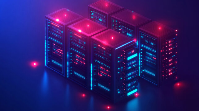 Modern digital server cluster in a high-tech data center illuminated by neon lights