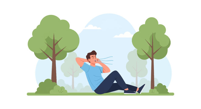 Vector illustration of a young man sitting on grass in a park, eyes closed, hands behind head, taking deep breaths visualized as blue lines, surrounded by trees and nature.